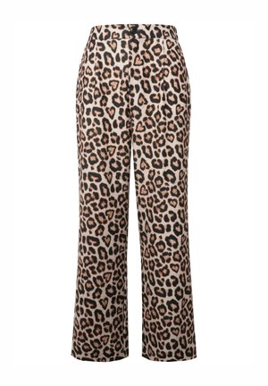 Pantaloni in stampa leopardata con vita alta, design a gamba larga, base beige, macchie nere e marroni, e chiusura a bottone in vita.
