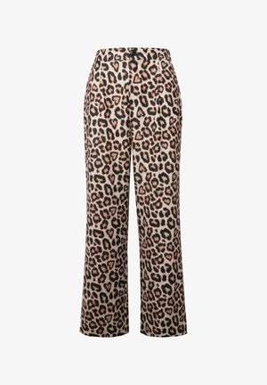 Leopard print trousers with a high waist, wide legs, and a smooth texture. Features a button closure and side pockets.