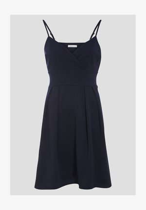 Marineblaues ärmelloses Kleid mit Wickeldesign, leichten Falten an der Taille und verstellbaren Spaghettiträgern. Glatte Stoffstruktur.