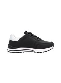 Svart atletisk sneakers med slät syntetisk ovandel, vita detaljer vid hälen och en kontrasterande sula med vita och svarta ränder.