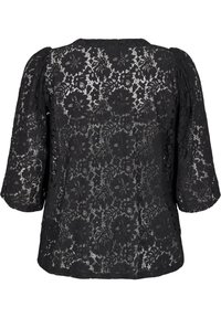 Schwarze Spitze-Bluse mit drei Viertel langen Puffärmeln und floralen Mustern. Sie verfügt über einen runden Ausschnitt und ein strukturiertes Gewebe, mit einem lässigen Schnitt.