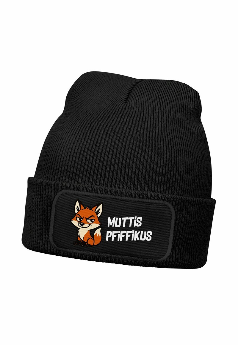 Black knitted beanie with a fold-over cuff featuring a cartoon fox illustration and the text "MUTTIS PFIFFIKUS" in white on a black patch.