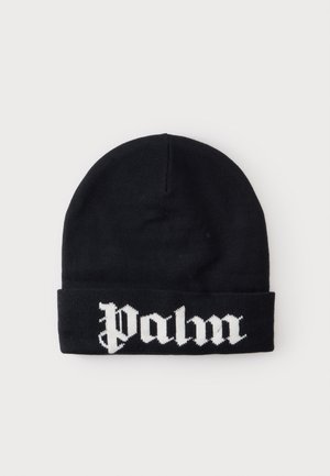 Schwarze Strickmütze mit umgeschlagenem Bündchen und weißem gotischem "palm" Schriftzug vorne.
