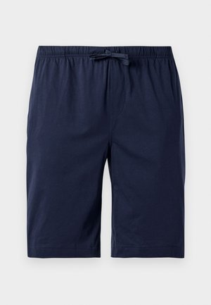 Navy blue men's knee-length shorts with elastic waistband and front drawstring, flat front design, and no visible pockets.