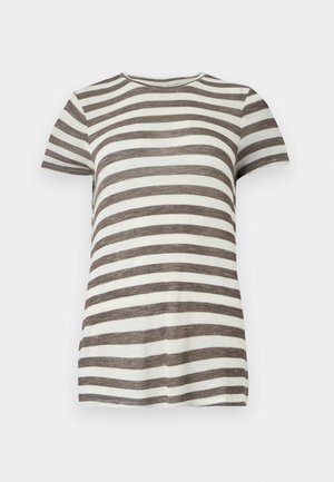 Short-sleeve crew neck T-shirt with horizontal brown and white stripes, displayed against a plain light background.