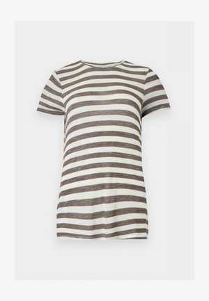 Short-sleeve crew neck T-shirt with horizontal brown and white stripes, displayed against a plain light background.