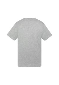 Camiseta de algodón gris con mangas cortas, escote redondo y una textura suave. Diseño liso, sin patrones ni adornos.