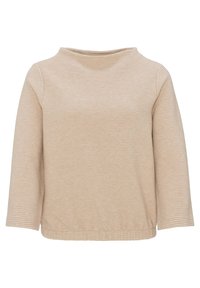 Beige long-sleeve top with a rounded neckline, featuring a ribbed texture and elasticated hem for a comfortable fit.