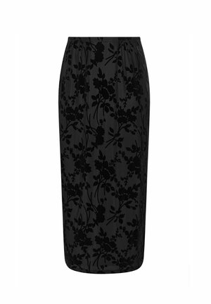 Jupe crayon noire à fleurs, en tissu texturé, avec une taille haute et un motif floral en relief sur toute la surface.