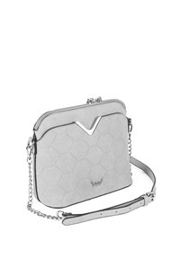 Gray faux leather crossbody bag with hexagonal pattern, silver hardware, and a detachable chain strap. Features a zipper closure and V-shaped accent.