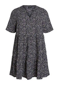 Kleita ar īsām piedurknēm jūras zila krāsā ar ziedu apdruku, ar V-veida uzgriezumu, vaļīgu piegriezumu un pakāpenisku dizainu. Izgatavota no mīksta, viegla auduma.