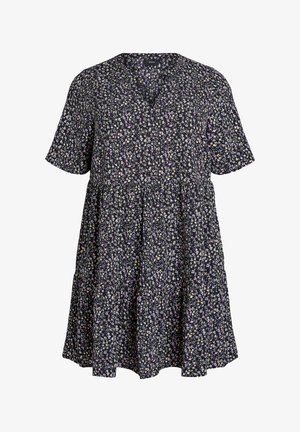 Šaty s krátkým rukávem v navy barvě s květinovým potiskem, s výstřihem do V, volným střihem a vrstveným designem. Vyrobeno z měkké, lehké látky.