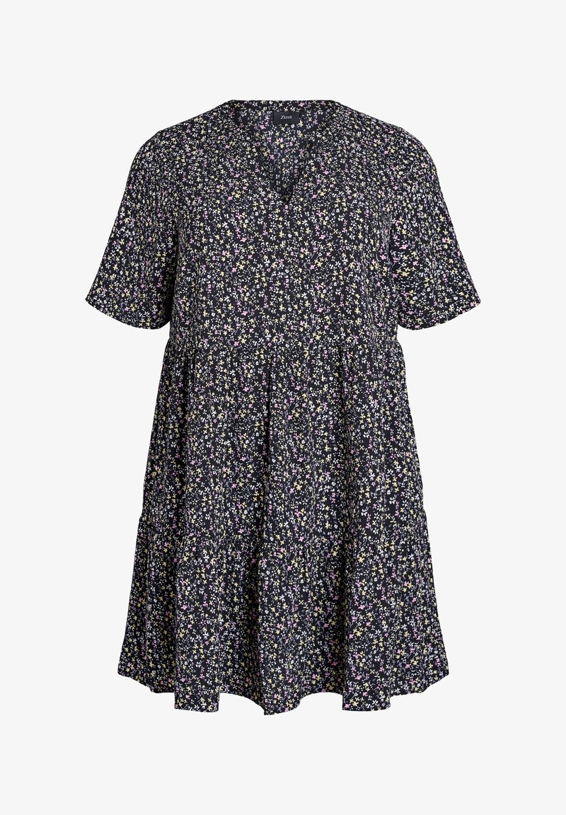 Kleita ar īsām piedurknēm jūras zila krāsā ar ziedu apdruku, ar V-veida uzgriezumu, vaļīgu piegriezumu un pakāpenisku dizainu. Izgatavota no mīksta, viegla auduma.