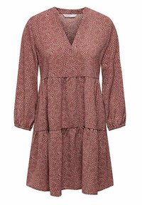 Vestido de manga larga con escote en V profundo en color burdeos, con un sutil estampado de hojas blancas. Presenta un diseño en capas y puños elásticos. Tela ligera.