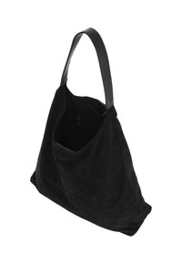 Schwarze Wildleder-Shopper-Tasche mit großer, weicher Form und glattem Ledergriff. Verfügt über ein geräumiges Innenfach mit einer seitlichen Reißverschlusstasche.