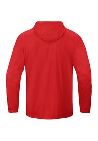 Giacca leggera rossa con cappuccio, maniche lunghe, polsini elasticizzati e texture liscia. Progettata per l'abbigliamento outdoor e per un facile layering.