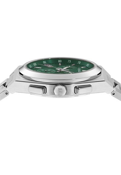 Rozsdamentes acél óra kerek zöld számlappal, ezüst órás jelzőkkel és krónográf funkciókkal. Két nyomógombot és textúrázott karkötőt tartalmaz.