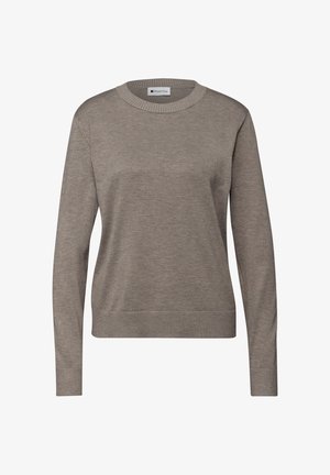 Pull en tricot marron clair avec un col rond, des manches longues et un ourlet côtelé. Fabriqué en tissu doux avec une texture lisse.