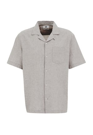 Short-sleeve button-up shirt in light gray linen, featuring a chest pocket, classic collar, and a relaxed fit. Smooth, textured fabric.