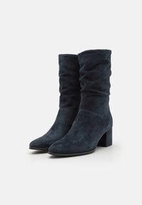Suede ankle boots in navy blue with a slouchy design, rounded toe, and a block heel for stability. Smooth texture and minimal detailing.