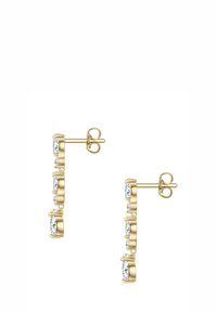 Złote wiszące kolczyki z czterema przezroczystymi kamieniami szlachetnymi w linii, o polerowanym wykończeniu i z zapięciem na sztyfty.