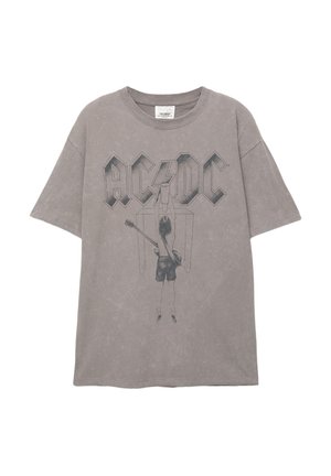 Szara bawełniana koszulka z krótkim rękawem, z dużym logo AC/DC oraz grafiką gitarzysty na plecach, z okrągłym dekoltem.