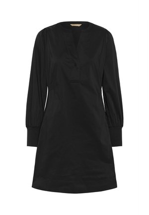 Schwarzes Tunika-Kleid mit V-Ausschnitt, einem knopfartigen Verschluss, langen Ballonärmeln und gerippten Manschetten aus glattem Stoff.