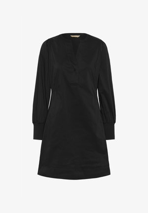 Must have kleit V-kaelusega, ühelaine nupuga kinnitusega, pikkade balloonvarrukatega ja ribakudumisega mansettidega, mis on valmistatud siledast kangast.