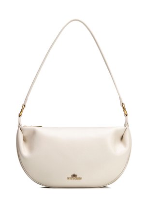 Sac d'épaule en cuir crème en forme de croissant avec une fine bandoulière et des détails en métal doré et logo Wittchen.