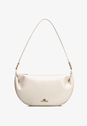 Crescent-förmige Schultertasche aus cremefarbenem Leder mit dünnem Riemen und goldfarbenem Wittchen-Logo sowie Beschlägen.