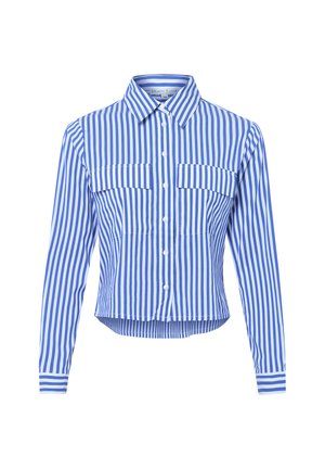 Blau- und weiß gestreiftes, knöpfbares Hemd mit langen Ärmeln, Kragen und zwei Brusttaschen mit Klappen.
