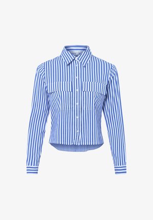 Blau- und weiß gestreiftes, knöpfbares Hemd mit langen Ärmeln, Kragen und zwei Brusttaschen mit Klappen.