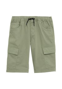 Helle grüne Cargo-Shorts aus Baumwollmischung, mit einem elastischen Bund und Zugband, Seitentaschen und zwei seitlichen Cargo-Taschen.