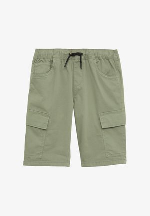 Jasnozielone szorty cargo z mieszanki bawełny, z elastycznym pasem w talii oraz sznurkiem do regulacji, kieszeniami bocznymi i dwoma kieszeniami cargo po bokach.