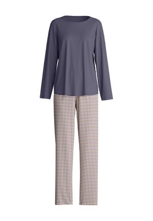 Donkerkleurige paarse top met lange mouwen, gecombineerd met crèmekleurige en marineblauwe broek met een rasterpatroon. Zachte stof, comfortabele pasvorm en ronde hals.