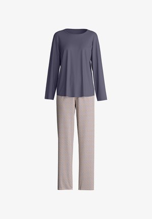 Haut à manches longues de couleur violet foncé associé à un pantalon crème et bleu marine à motif quadrillé. Tissu doux, coupe décontractée et col rond.