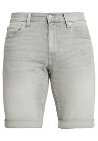 Šedé džíny šortky s vysokým pasem, ohrnutými manžetami a pěti kapsami. Materiál je mírně texturovaný s vybledlým vzhledem.