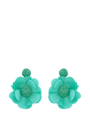 Pair of turquoise fabric flower earrings with layered petals and a small round woven detail at the top and center.