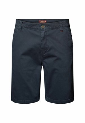 Navy cotton shorts featuring a zip fly, button closure, and side pockets. Smooth fabric with a tailored fit and stitched hem details.