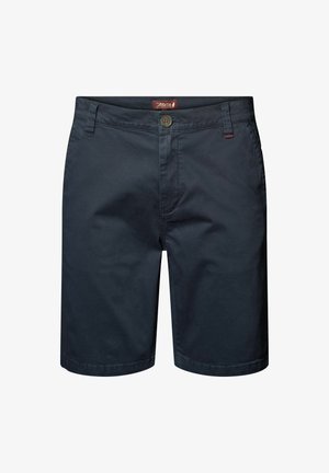Marineblå bomullshorts med glidelås, knapplås og sidelommer. Glatt stoff med en tilpasset passform og broderte kantdetaljer.
