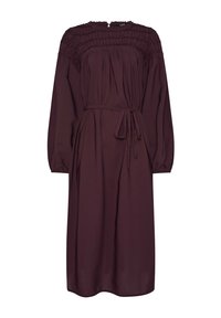 Abito lungo bordeaux con maniche lunghe, scollatura arricciata, polsini elasticizzati e cintura in vita. Tessuto morbido con silhouette rilassata e orlo a lunghezza ginocchio.