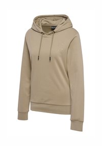 Beżowa bluza z kapturem, z sznurkiem do regulacji, ściągaczami przy mankietach oraz subtelnym logo na piersi, o gładkiej fakturze.