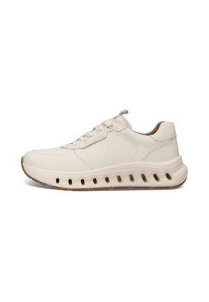 Off-white Sneaker mit Schnürverschluss vorne, gepolsterter Sohle mit ovalen Lüftungslöchern und brauner Gummiaußensohle.