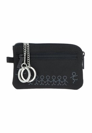 Black zippered pouch with silver keyring chains and a row of stick figure people holding hands, one figure running away.