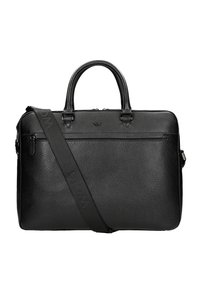 Black textured leather laptop bag with dual handles, adjustable strap, and front zipper pocket. Features embossed brand logo and sleek design.