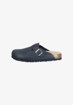 Dark blue clog made from rubber, featuring a side buckle, cork footbed, and a textured outsole. Rounded toe design with minimalistic style.