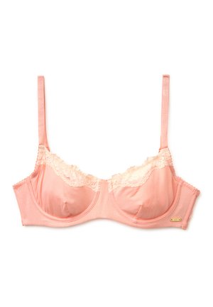 Weicher rosa BH mit Bügel und Spitzenbesatz entlang der oberen Kante, verstellbaren Trägern und einem kleinen goldenen Markenzeichen an der Seite.