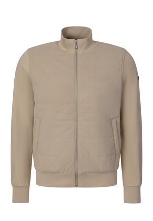 Beige jakke med lynlås, aftagelig forpanel, ensfarvede lange ærmer, ribbede manchetter og høj krave.