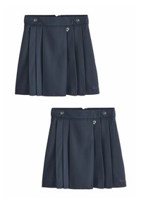 Gonna plissettata blu marina realizzata in tessuto, con vita a fascia, due bottoni davanti e un dettaglio a forma di cuore su un lato.