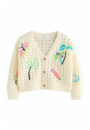 Cream knit cardigan with button closure, featuring embroidered colorful butterfly, palm trees, candy, and seashell designs.